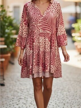 Top It Off Pink White Tropical Leaf 3/4 Bell Sleeve Pullover Dress Size Large